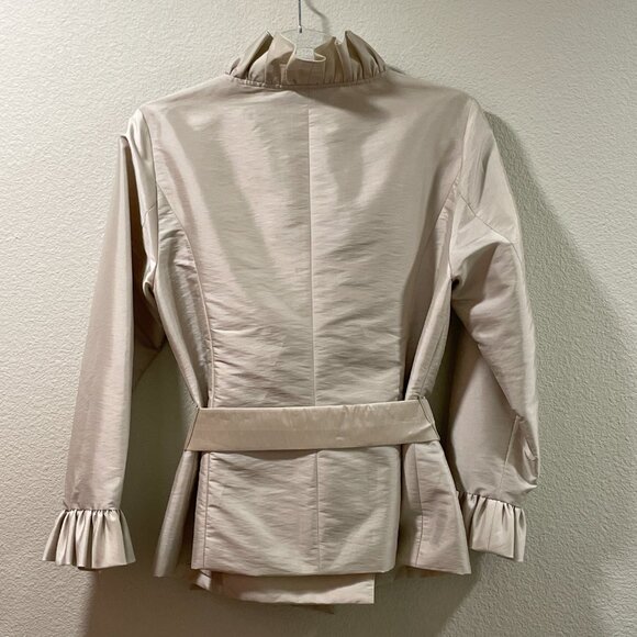 CALVIN KLEIN Dinner Jacket Long Sleeve Ruffle Button Down Texture Satin, Cream-M - Picture 2 of 9